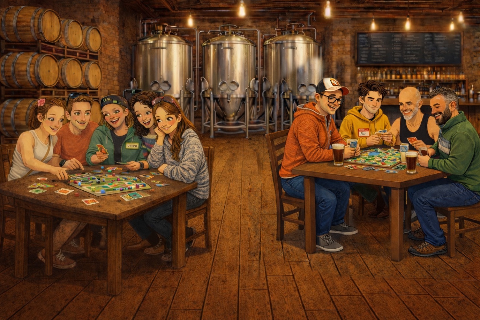 Illustrated scene of the Boardgames and Brews crew playing games at two tables inside Pattern Break Brewing, with fermentation tanks and barrels in the background